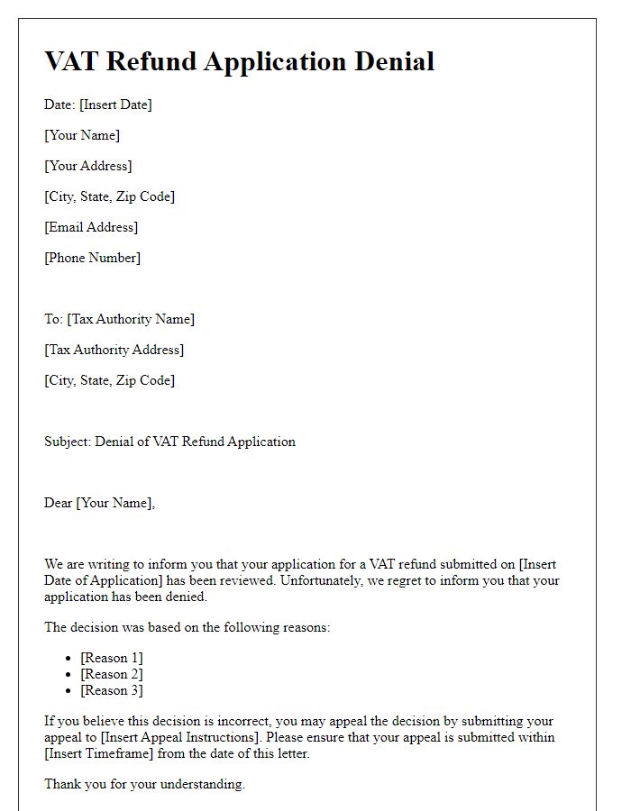 Letter template of VAT refund application denial for individual taxpayers.