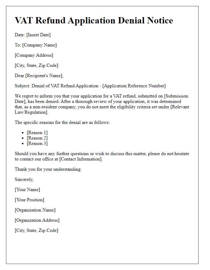 Letter template of VAT refund application denial for non-resident companies.