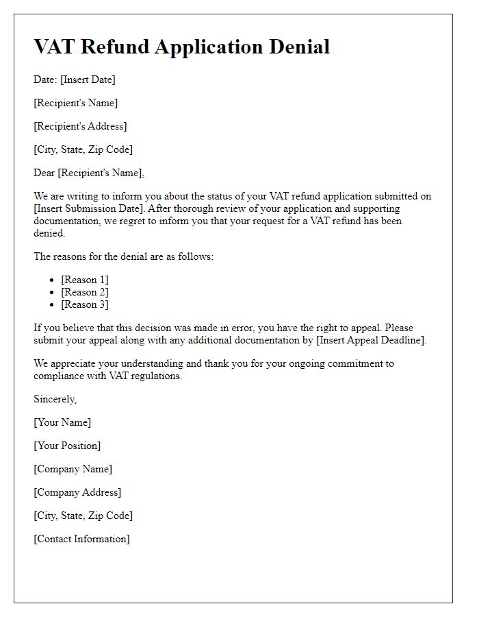 Letter template of VAT refund application denial for online retailers.