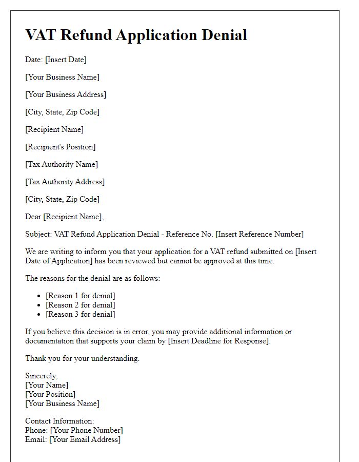 Letter template of VAT refund application denial for small businesses.