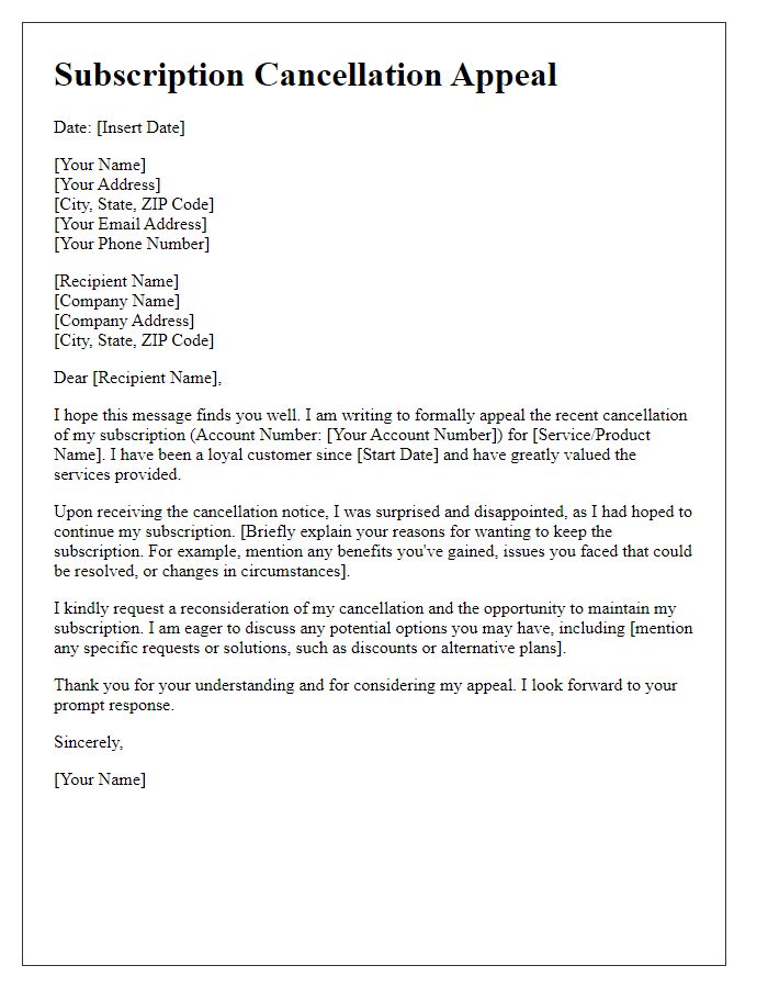 Letter template of subscription cancellation appeal.