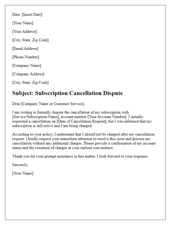 Letter template of subscription cancellation dispute.