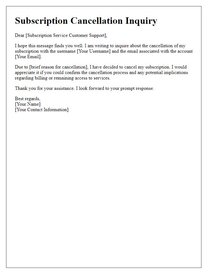 Letter template of subscription cancellation inquiry.