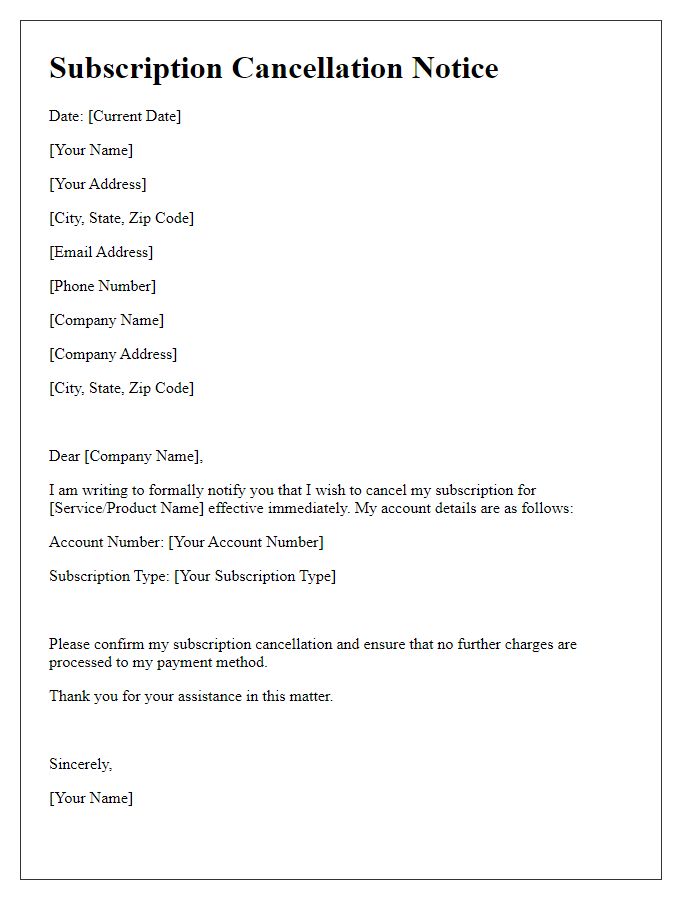 Letter template of subscription cancellation notice.