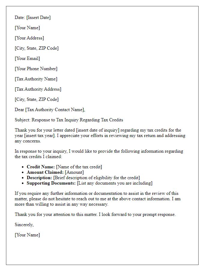 Letter template of response to tax inquiry letter about tax credits