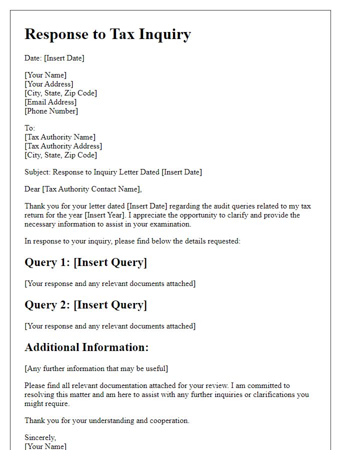 Letter template of response to tax inquiry letter addressing audit queries