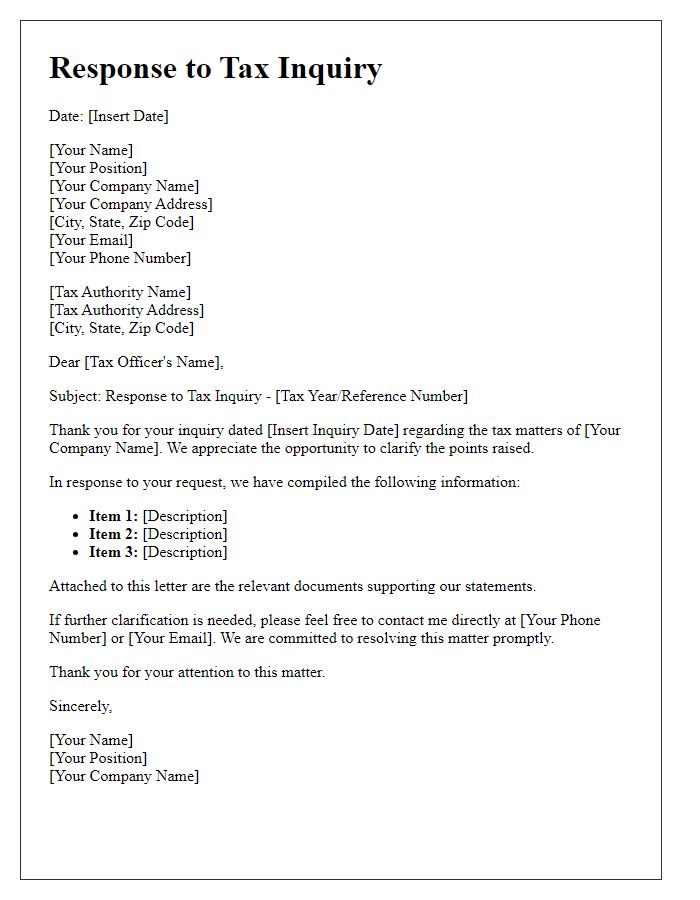 Letter template of response to tax inquiry letter for businesses