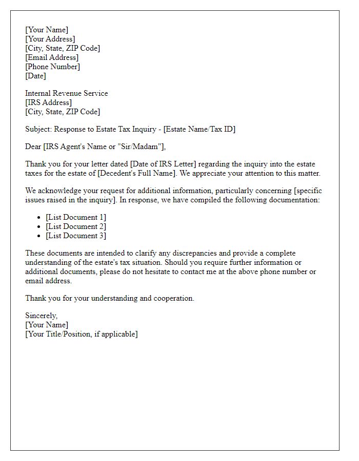 Letter template of response to tax inquiry letter for estate taxes