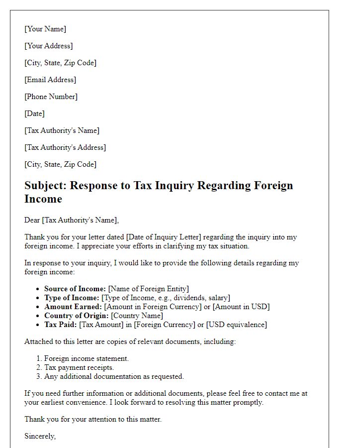 Letter template of response to tax inquiry letter pertaining to foreign income