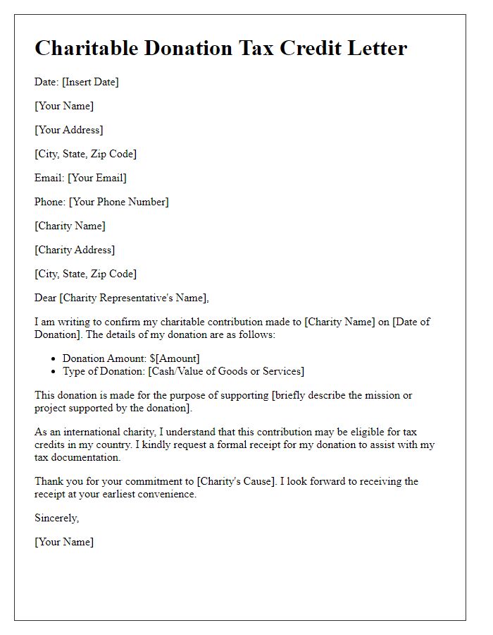 Letter template of charitable donation tax credit for international charities.