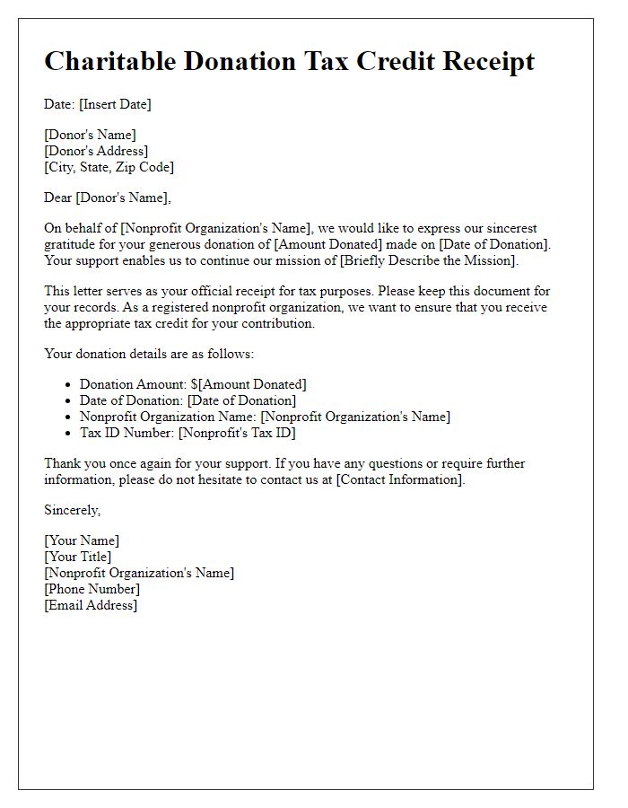 Letter template of charitable donation tax credit for nonprofit organizations.