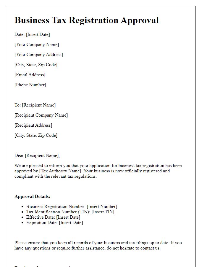 Letter template of business tax registration approval details