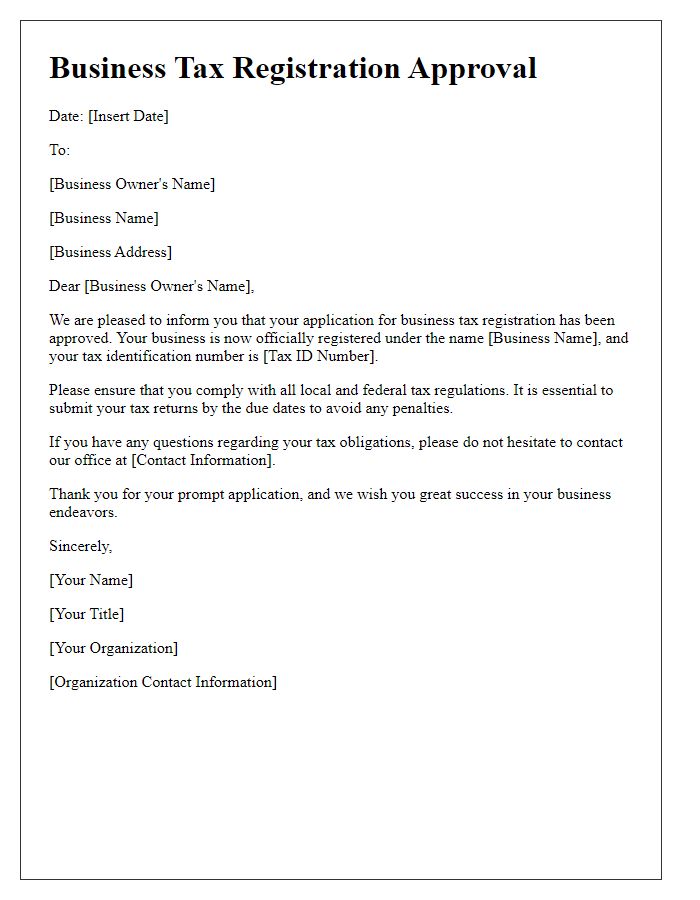 Letter template of business tax registration approval document