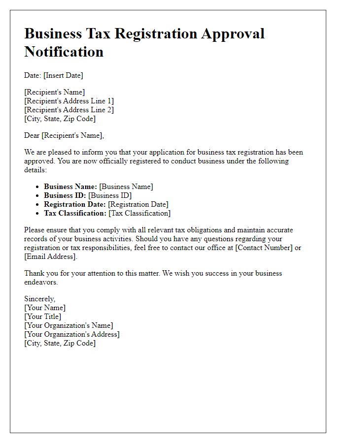 Letter template of business tax registration approval notification