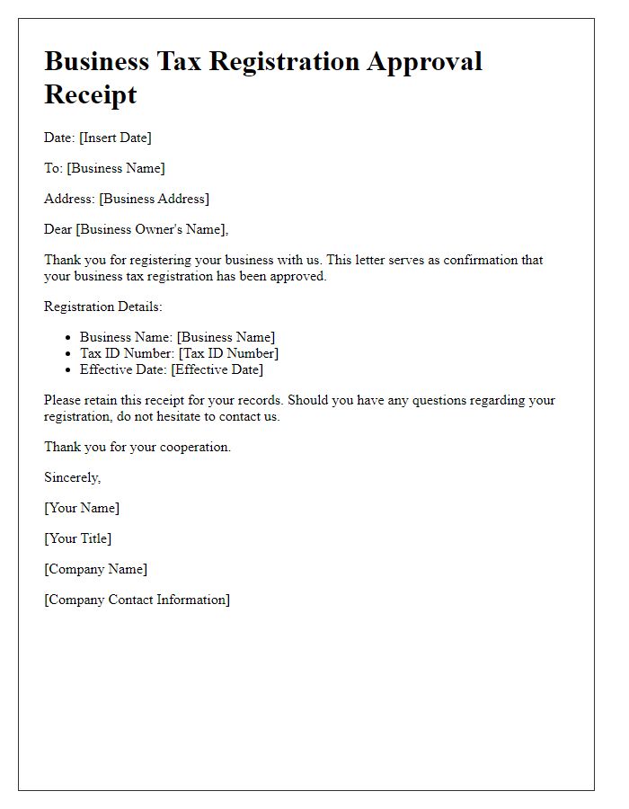 Letter template of business tax registration approval receipt