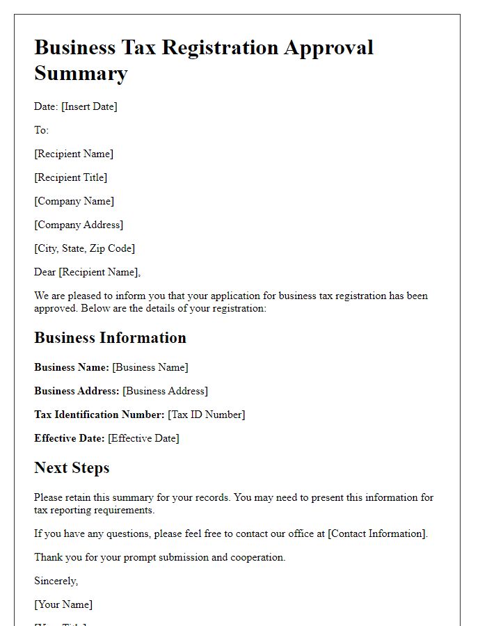 Letter template of business tax registration approval summary