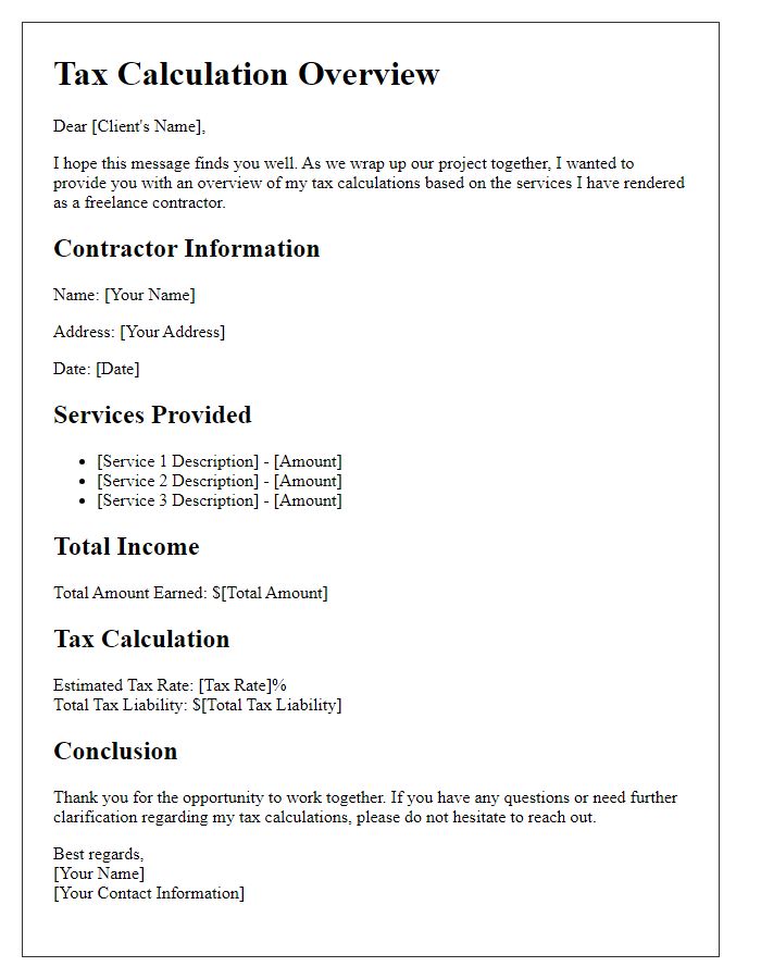 Letter template of freelance contractor tax calculation