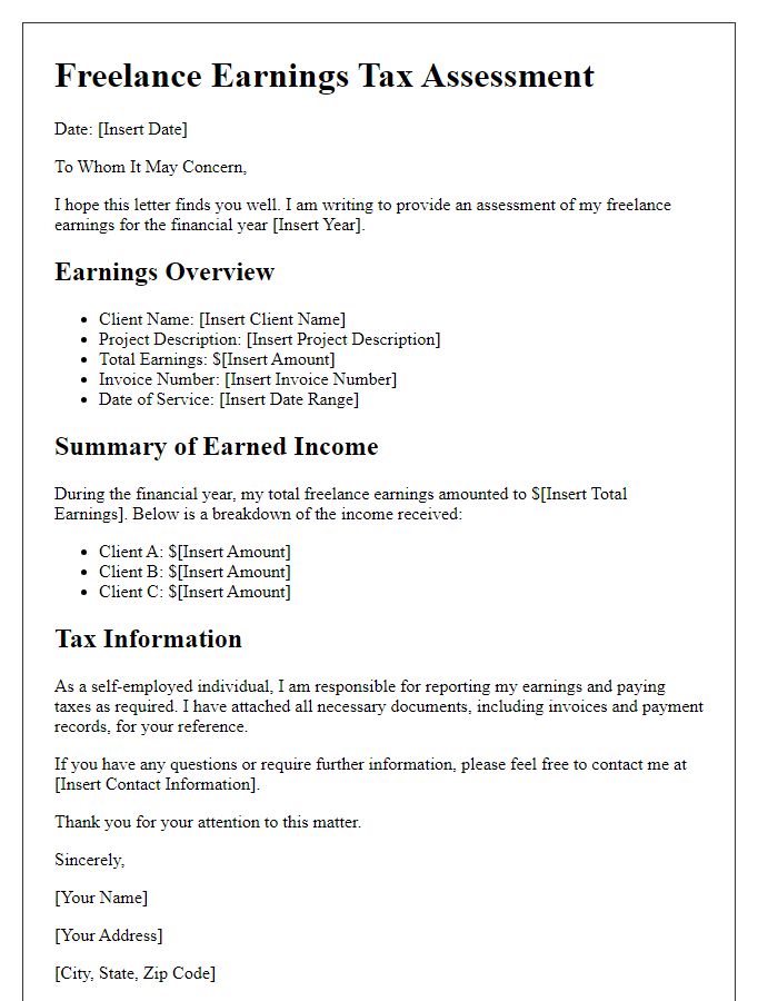 Letter template of freelance earnings tax assessment