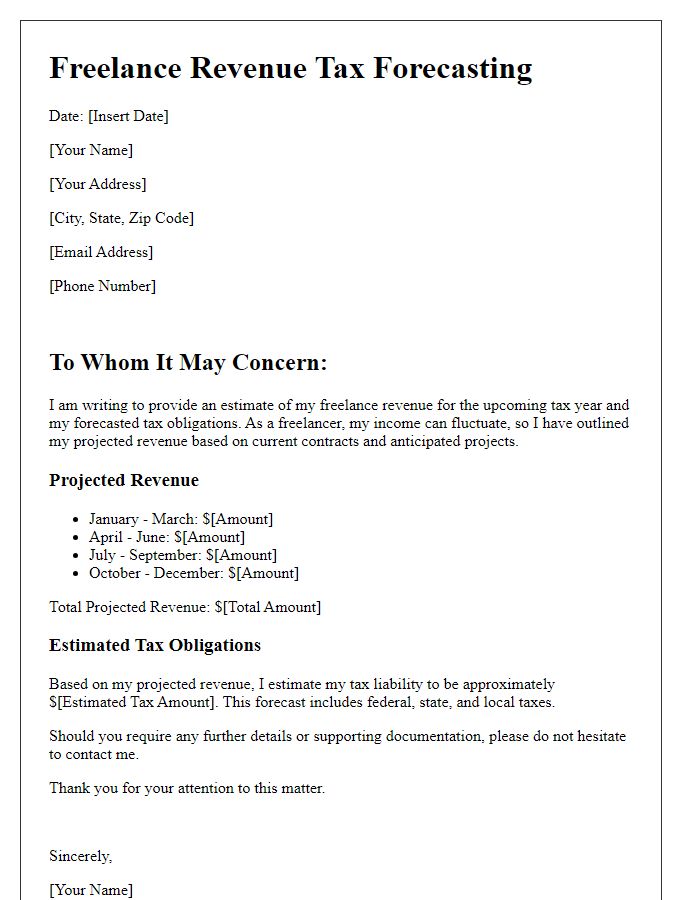 Letter template of freelance revenue tax forecasting