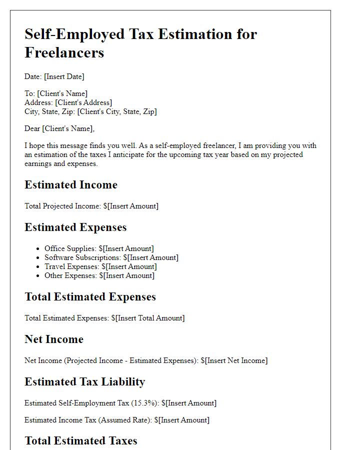 Letter template of self-employed tax estimation for freelancers