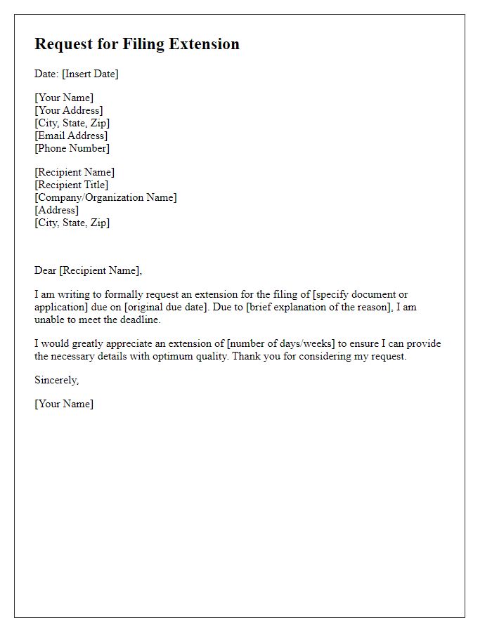 Letter template of concise request for filing extension