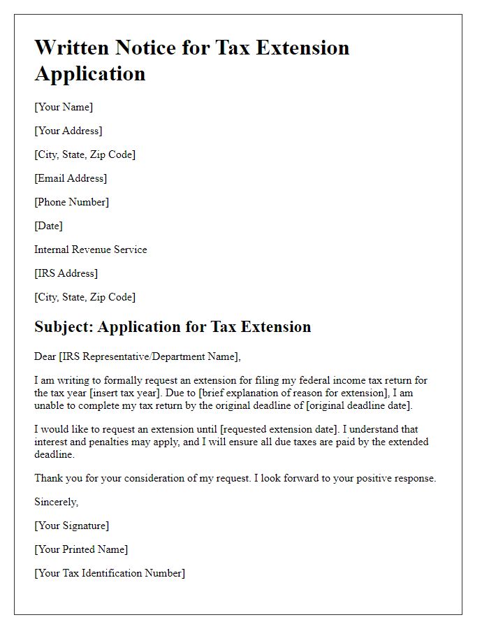 Letter template of written notice for tax extension application