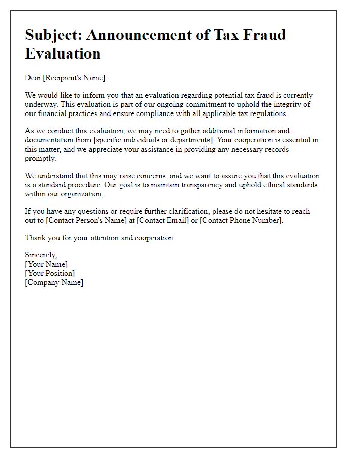 Letter template of announcement of tax fraud evaluation