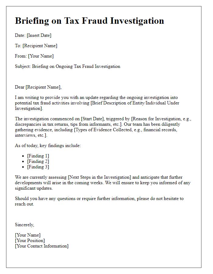 Letter template of briefing on tax fraud investigation