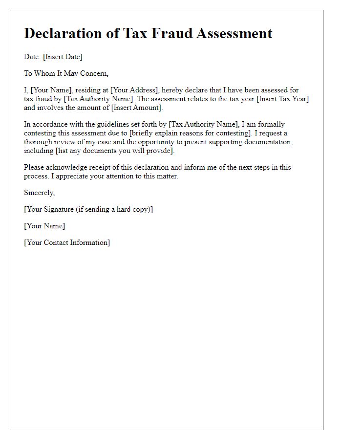 Letter template of declaration of tax fraud assessment