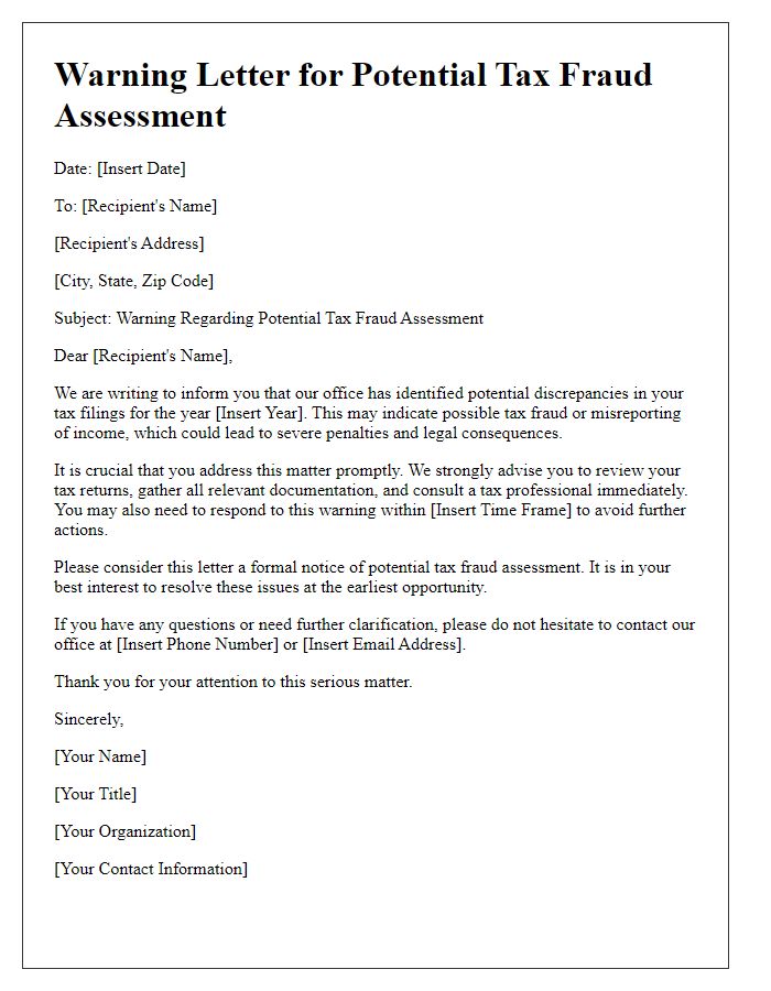 Letter template of warning for potential tax fraud assessment