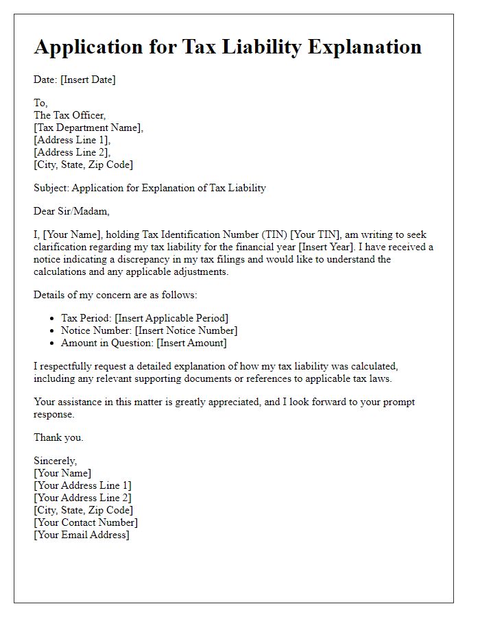 Letter template of application for tax liability explanation