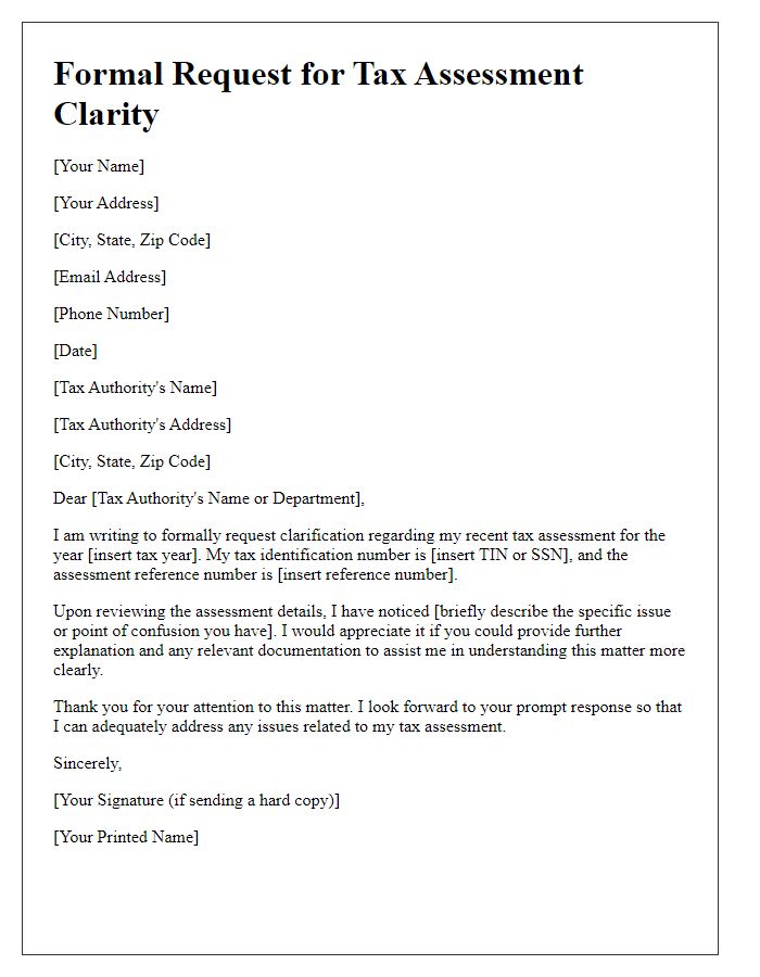 Letter template of formal request for tax assessment clarity