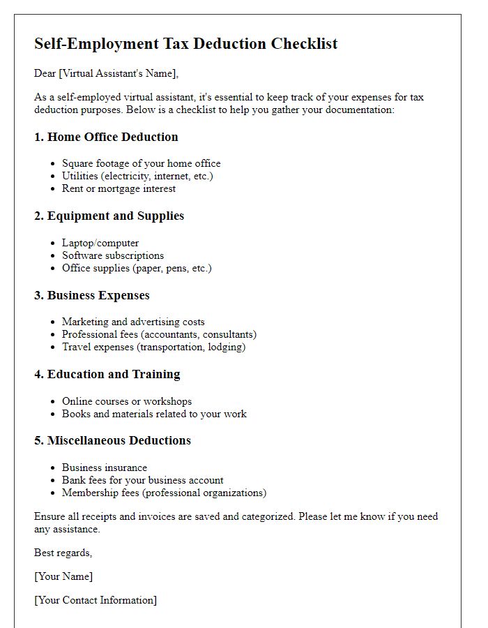 Letter template of self-employment tax deduction checklist for virtual assistants.