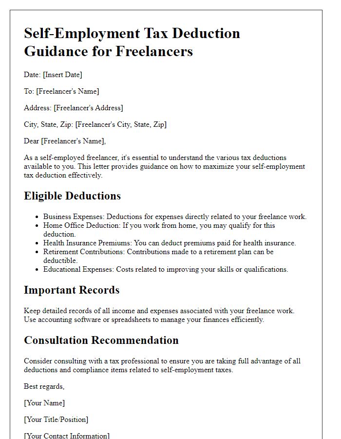 Letter template of self-employment tax deduction guidance for freelancers.