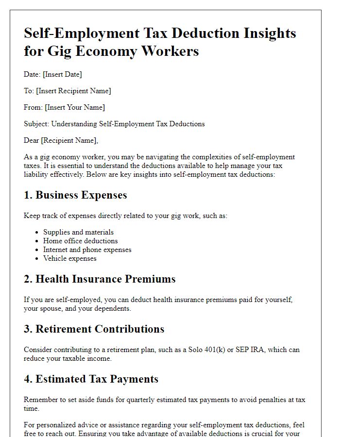 Letter template of self-employment tax deduction insights for gig economy workers.