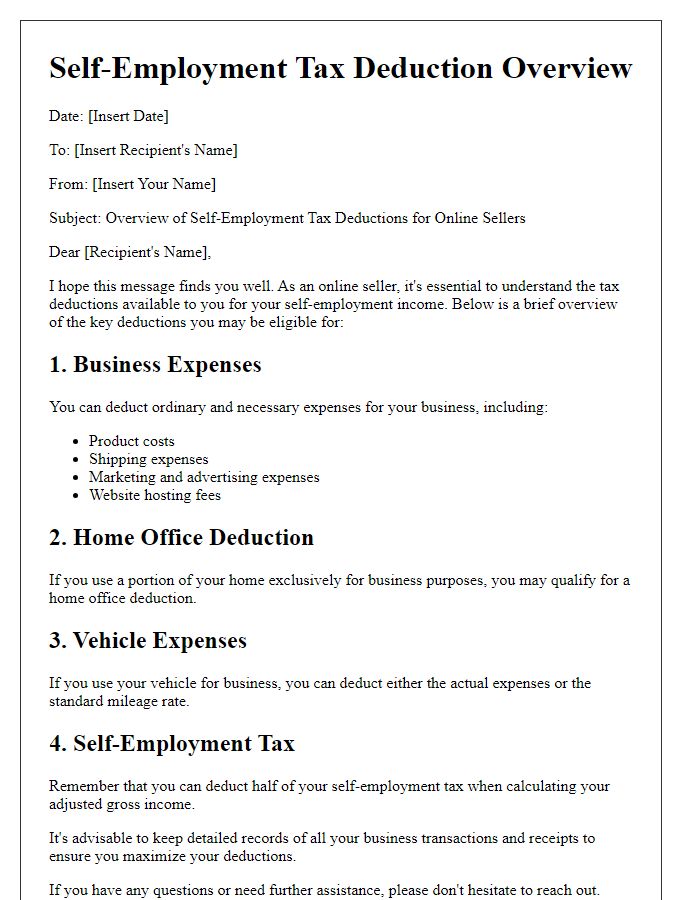 Letter template of self-employment tax deduction overview for online sellers.