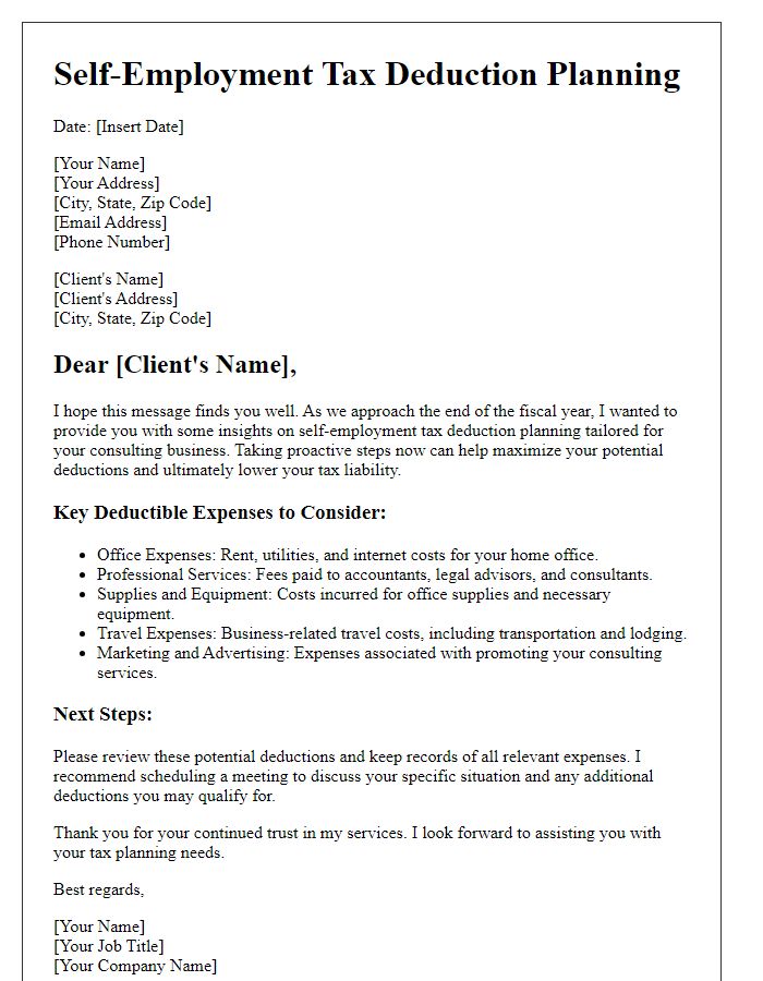 Letter template of self-employment tax deduction planning for consultants.