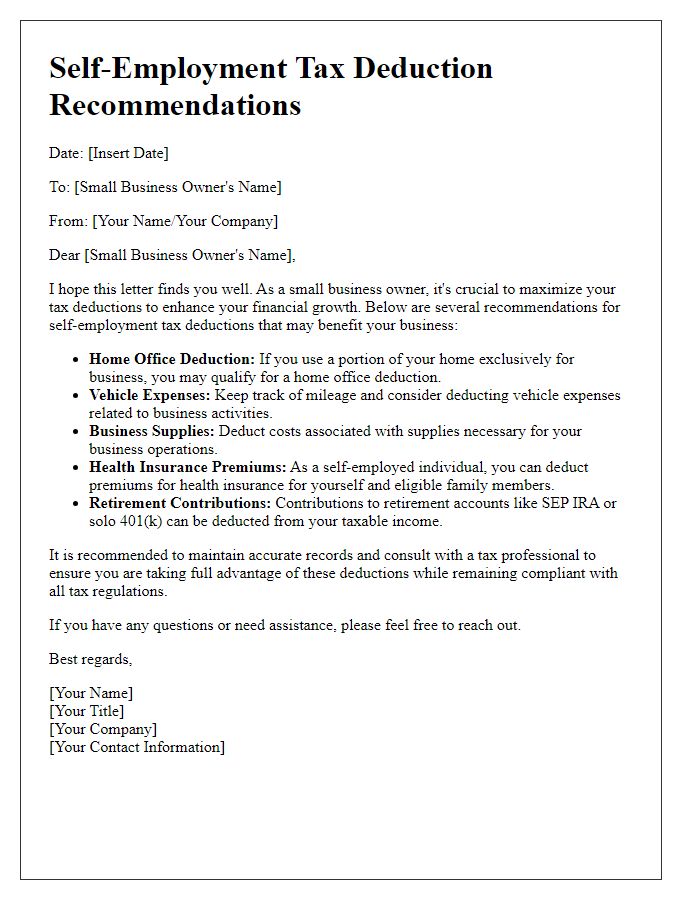 Letter template of self-employment tax deduction recommendations for small business owners.