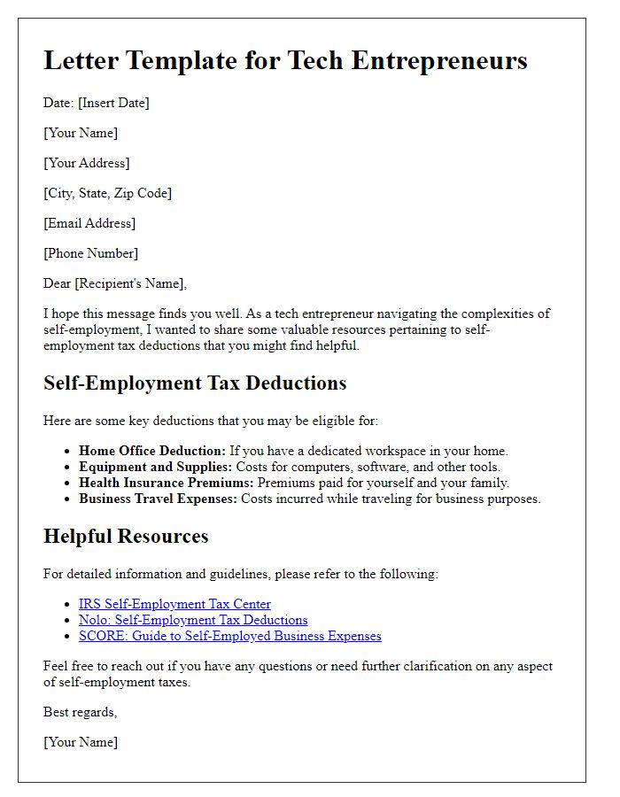 Letter template of self-employment tax deduction resources for tech entrepreneurs.