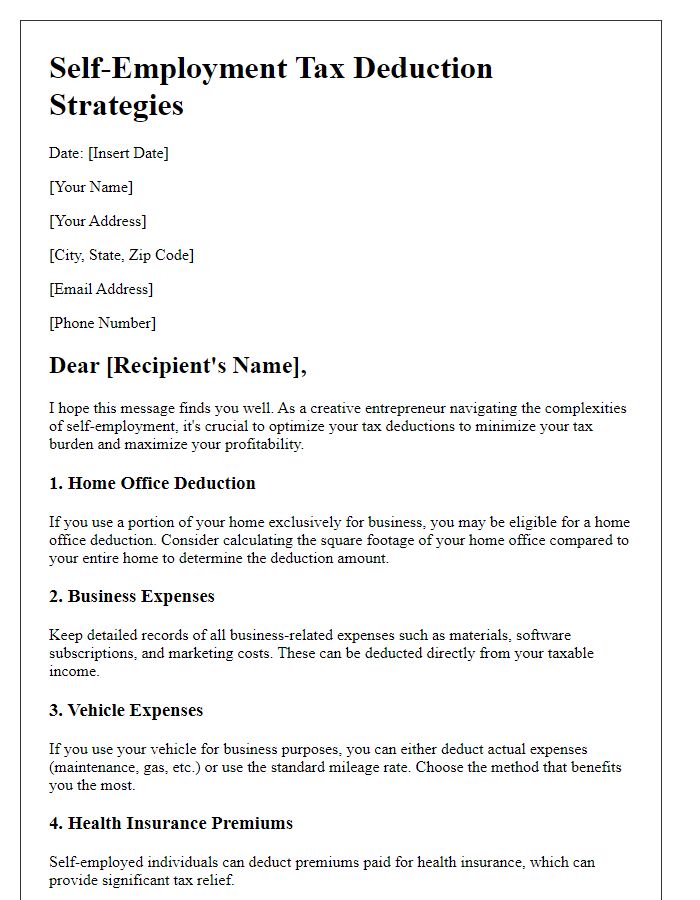 Letter template of self-employment tax deduction strategies for creative entrepreneurs.