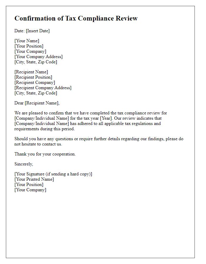 Letter template of confirmation of tax compliance review