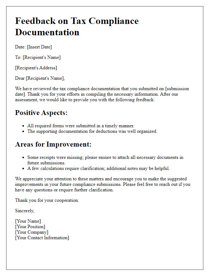 Letter template of feedback on tax compliance documentation