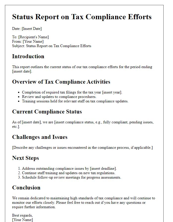 Letter template of status report on tax compliance efforts