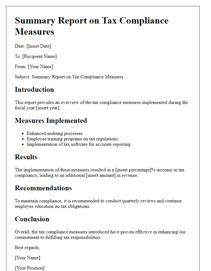 Letter template of summary report on tax compliance measures