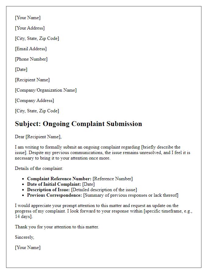 Letter template of ongoing complaint submission