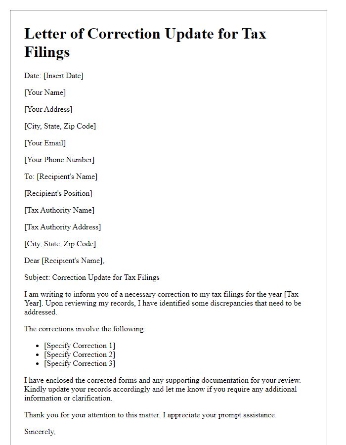 Letter template of correction update for tax filings