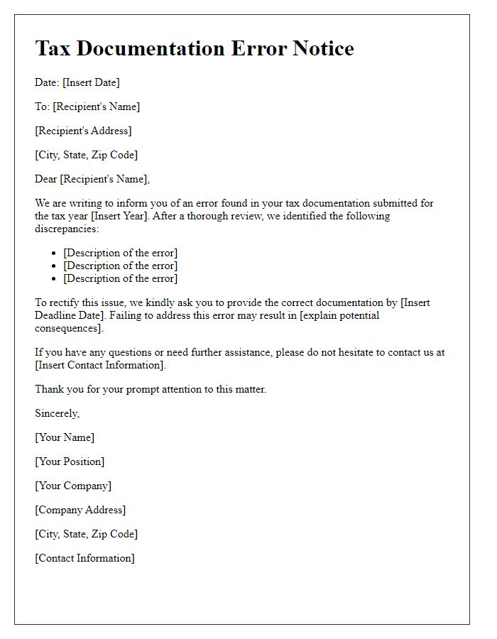 Letter template of tax documentation error notice