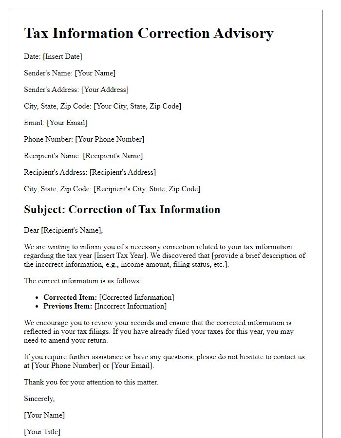 Letter template of tax information correction advisory