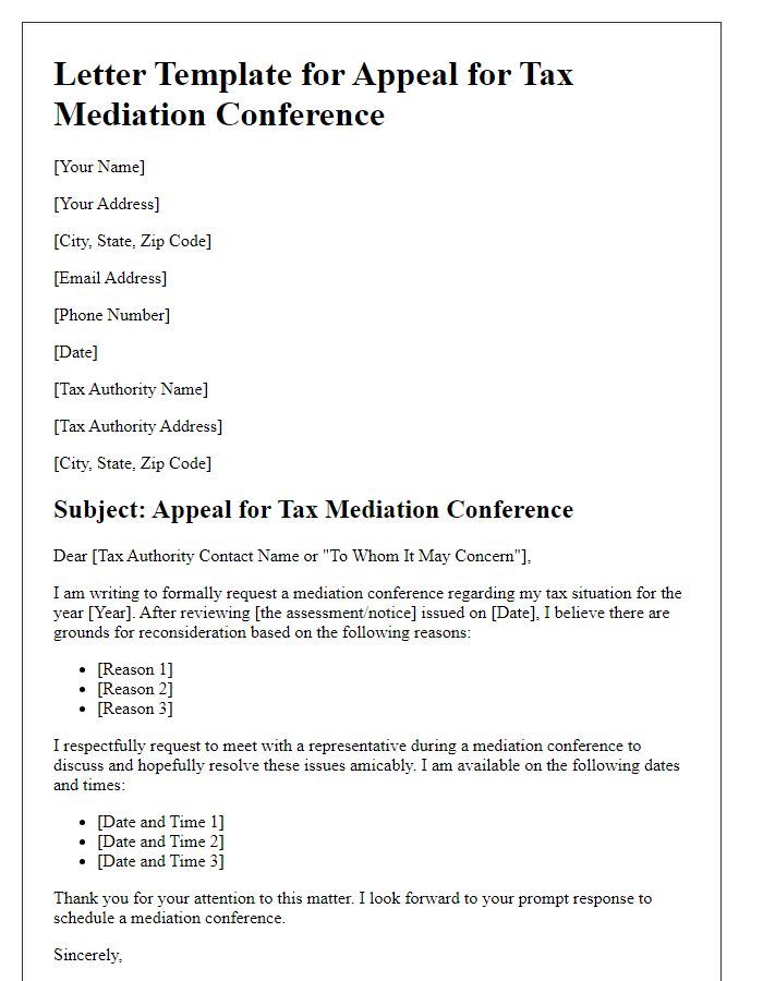 Letter template of appeal for tax mediation conference