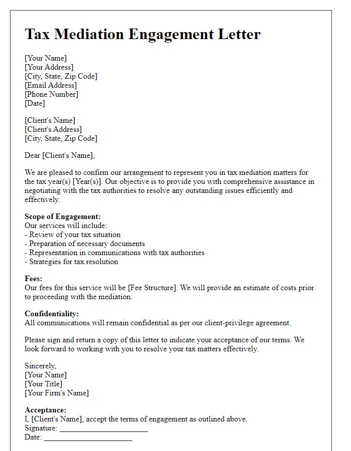 Letter template of arrangement for tax mediation engagement